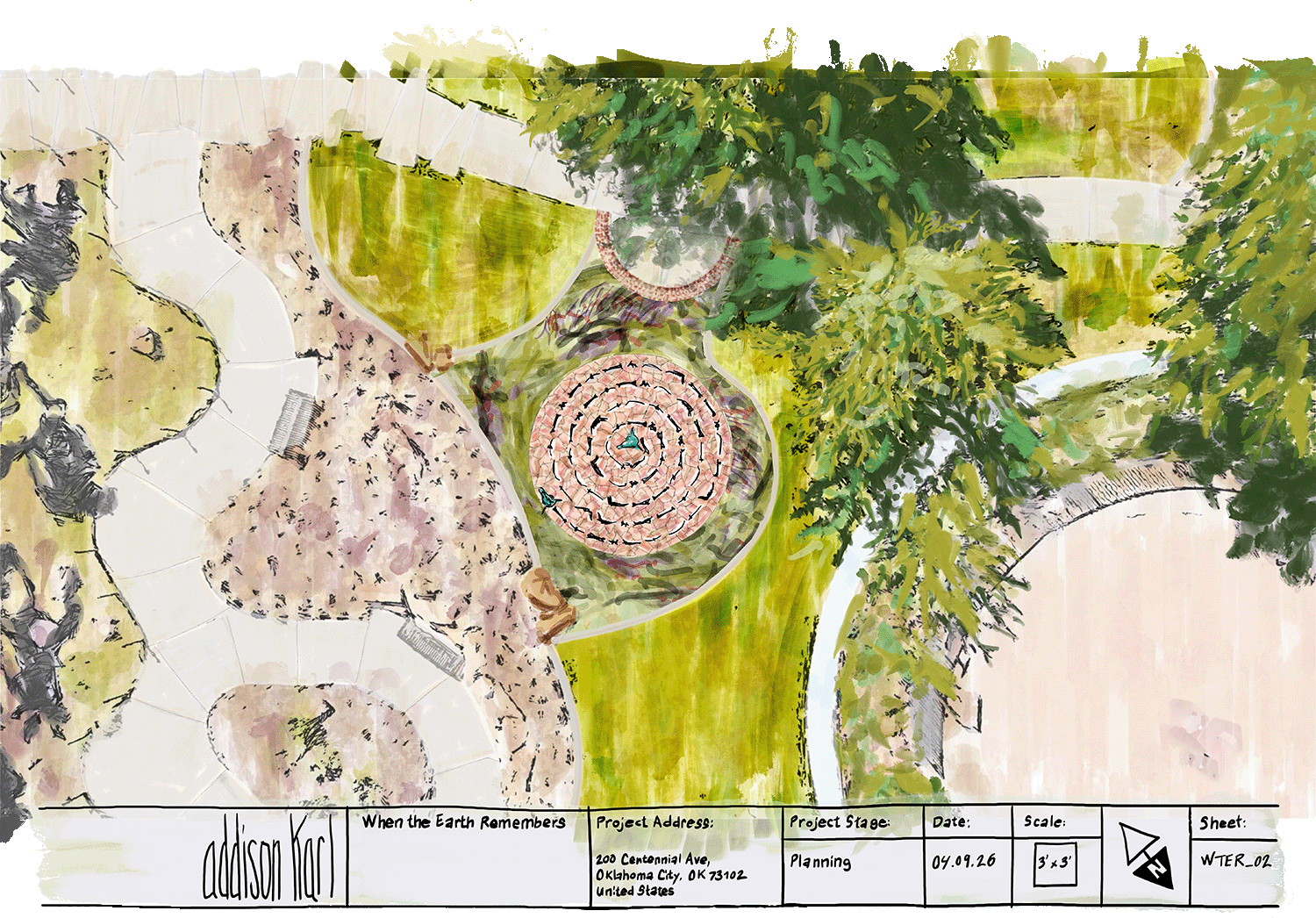 Planning-stage site plan drawing of the spiral installation, labeled When the Earth Remembers, 200 Centennial Ave, Oklahoma City